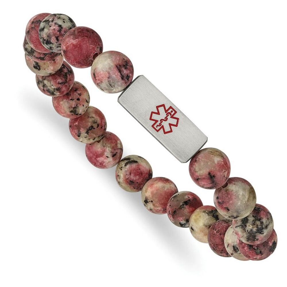 8.5mm Stainless Steel Rhodochrosite Bead Medical I.D. Stretch Bracelet
